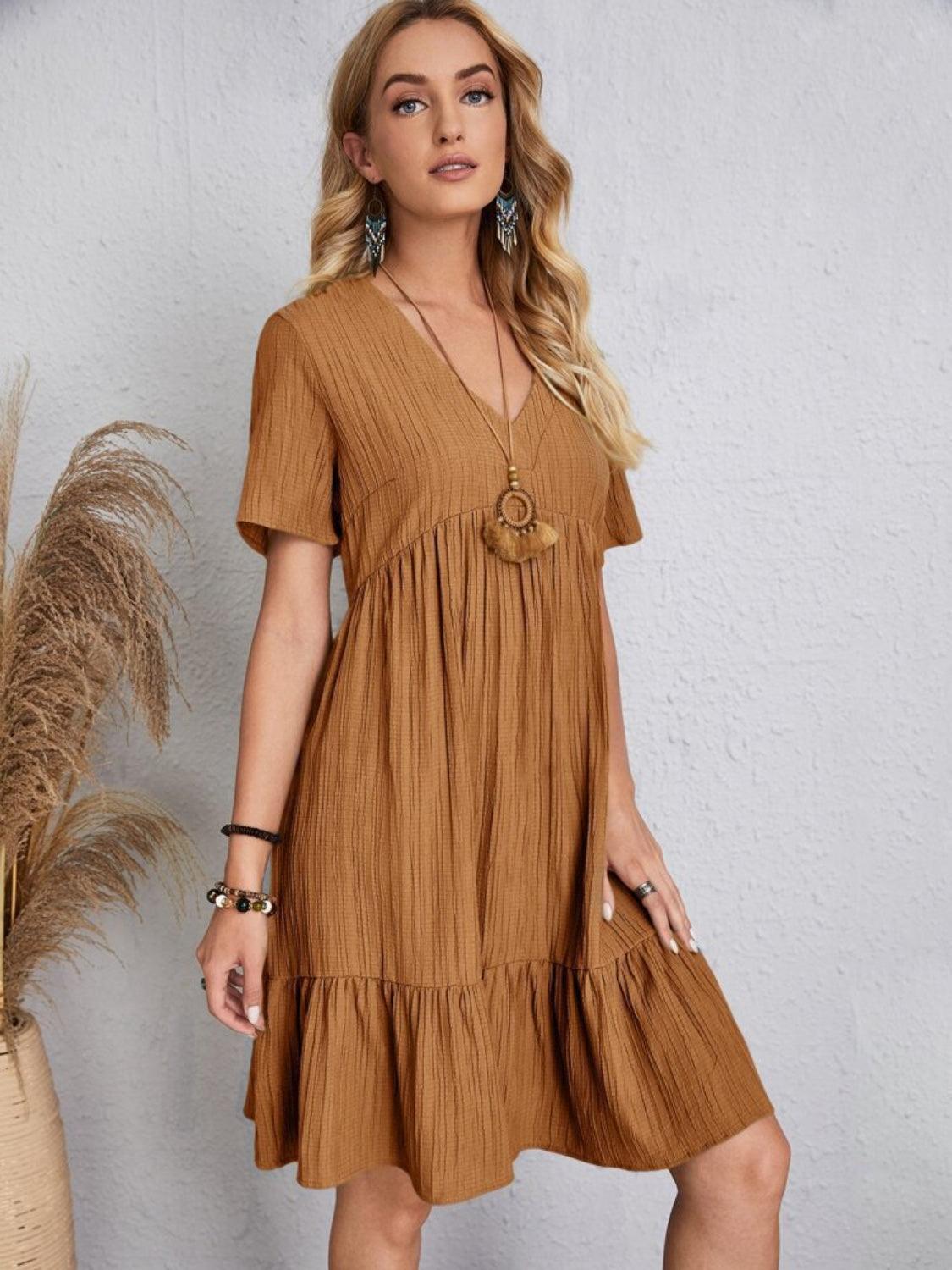 Full Size V-Neck Short Sleeve Dress - Olive Ave