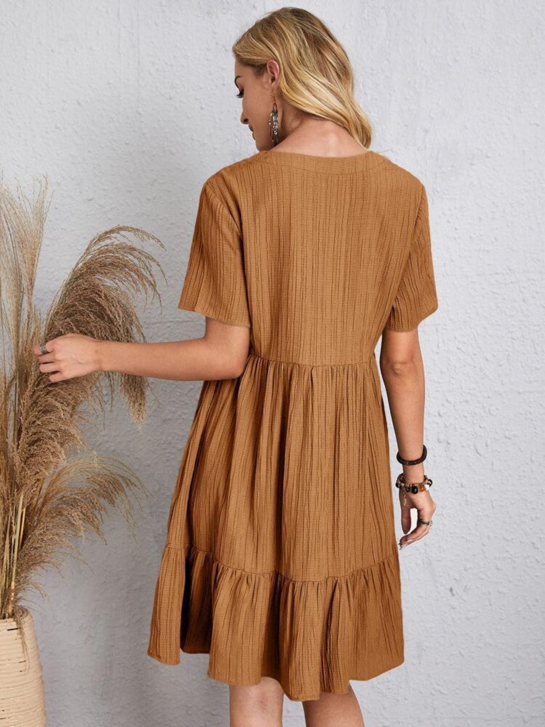 Full Size V-Neck Short Sleeve Dress - Olive Ave