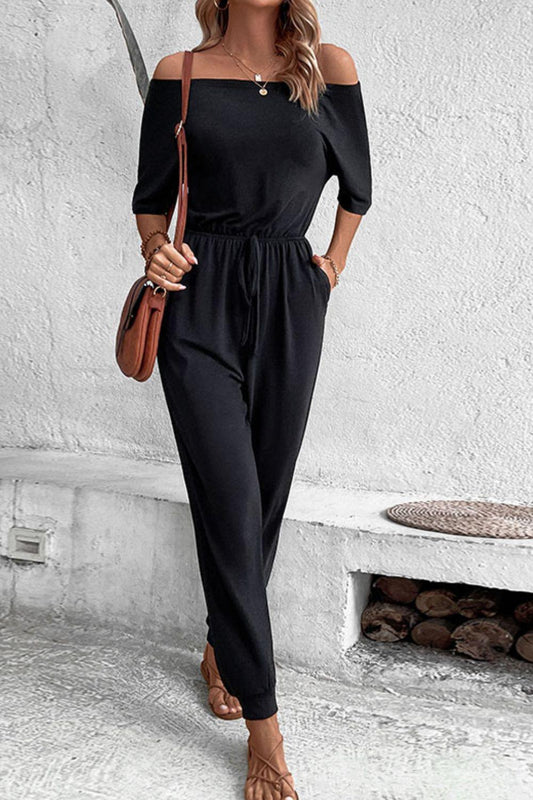 Off-Shoulder Jumpsuit with Pockets - Olive Ave