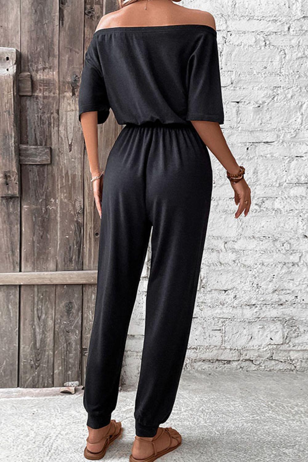 Off-Shoulder Jumpsuit with Pockets - Olive Ave