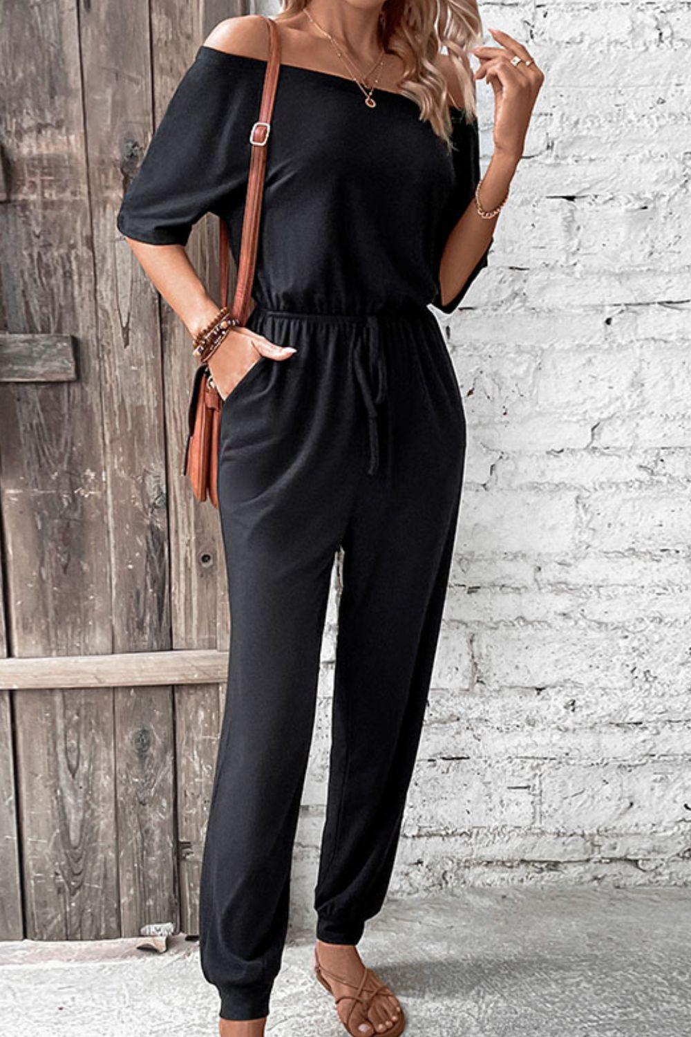 Off-Shoulder Jumpsuit with Pockets - Olive Ave