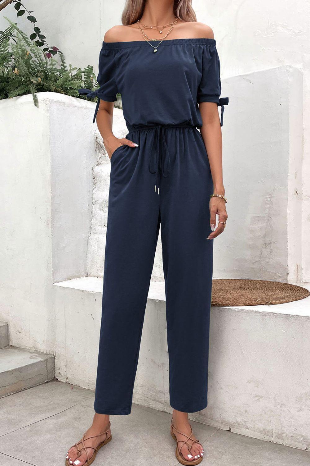 Off-Shoulder Tie Cuff Jumpsuit with Pockets - Olive Ave
