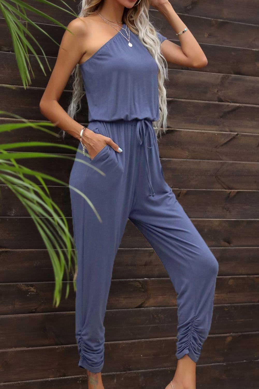 One-Shoulder Jumpsuit with Pockets - Olive Ave