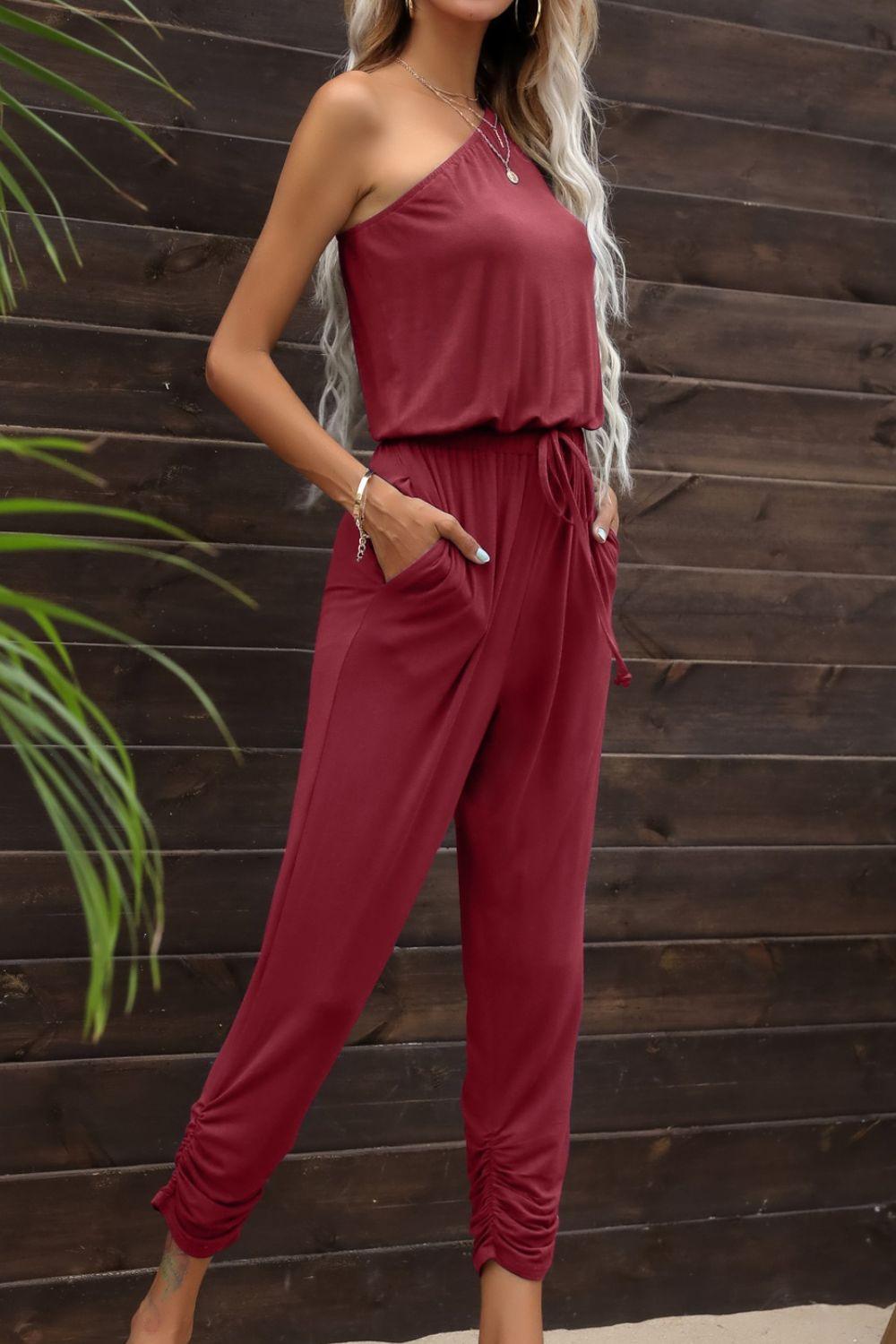 One-Shoulder Jumpsuit with Pockets - Olive Ave