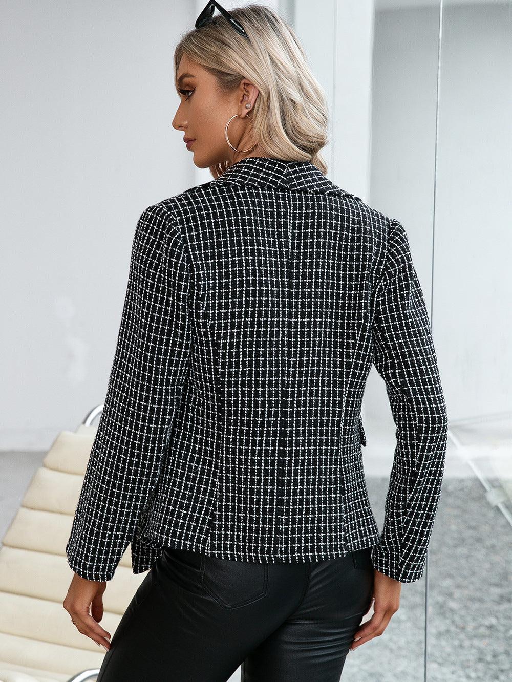 Plaid Double Breasted Long Sleeve Jacket - Olive Ave