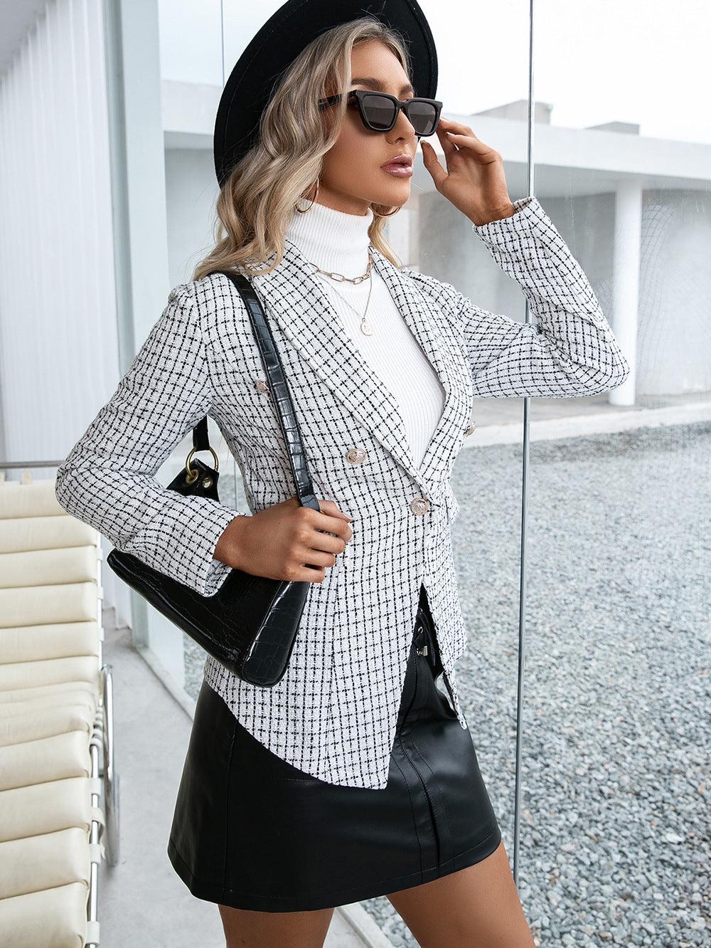 Plaid Double Breasted Long Sleeve Jacket - Olive Ave