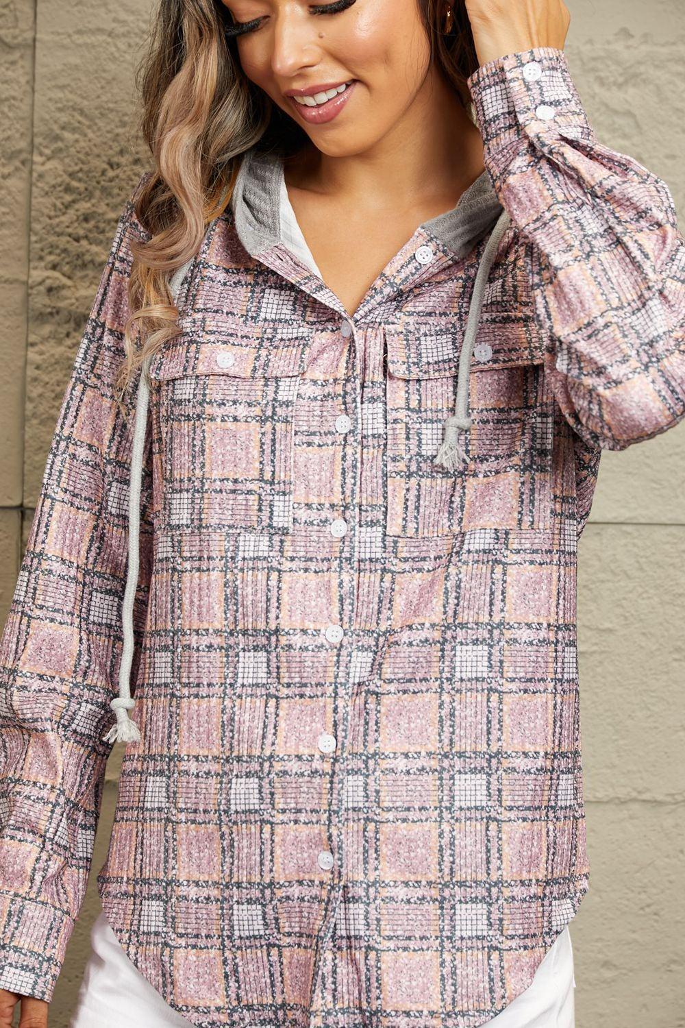 Plaid Long Sleeve Hooded Jacket - Olive Ave
