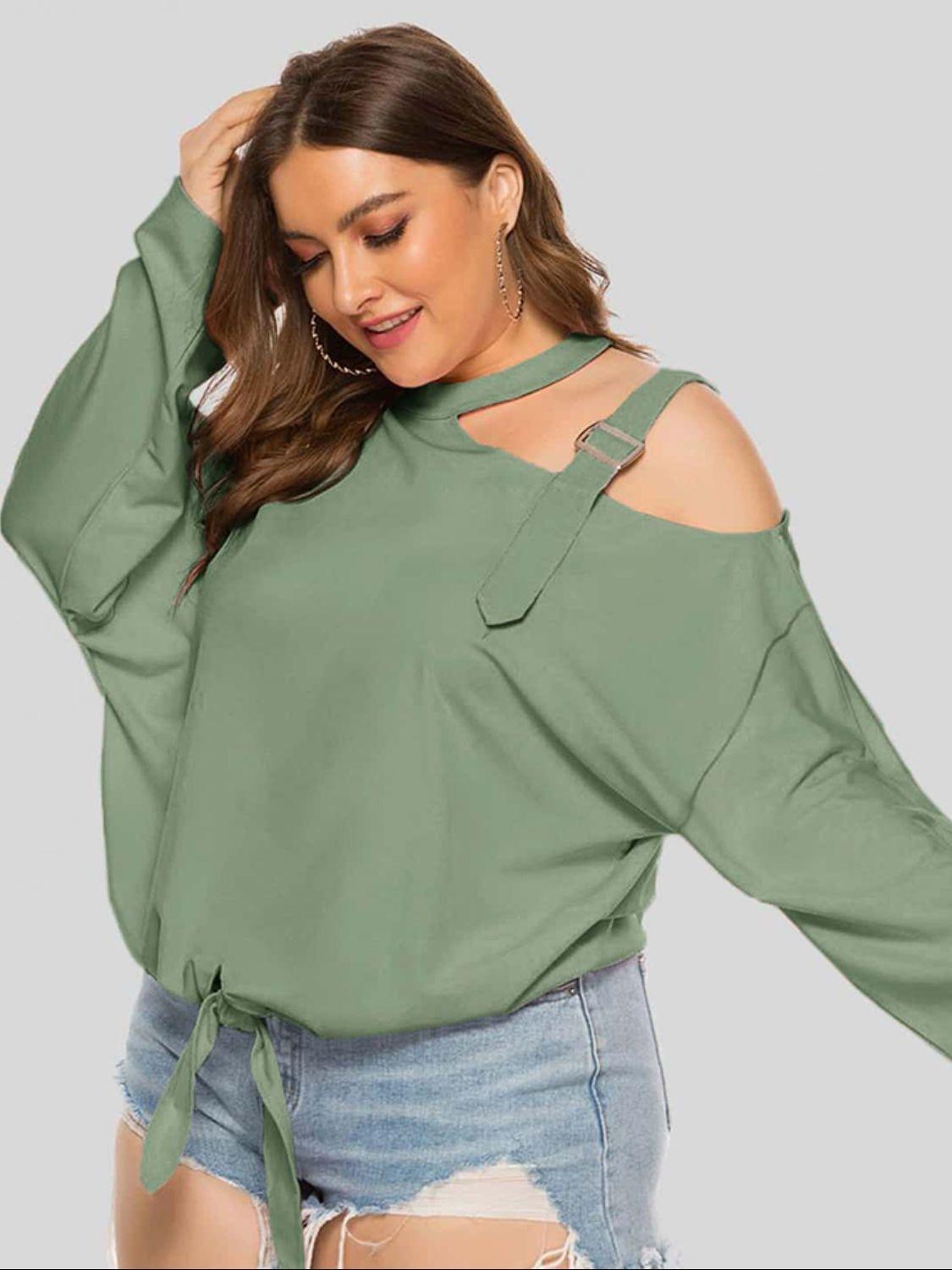 Plus Size Cold-Shoulder Tied Top in 3 Colors - Olive Ave