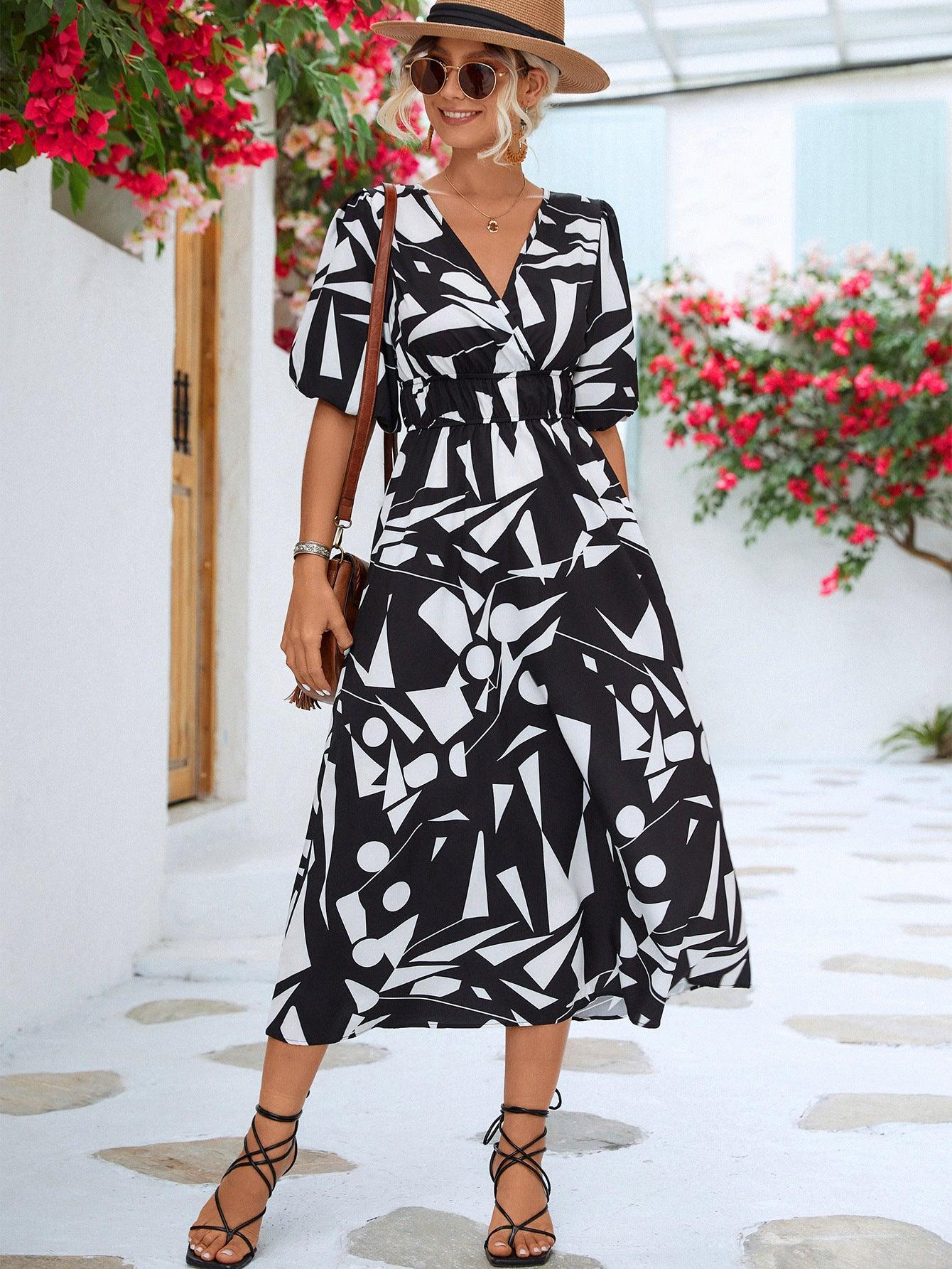 Printed Balloon Sleeve Dress - Olive Ave