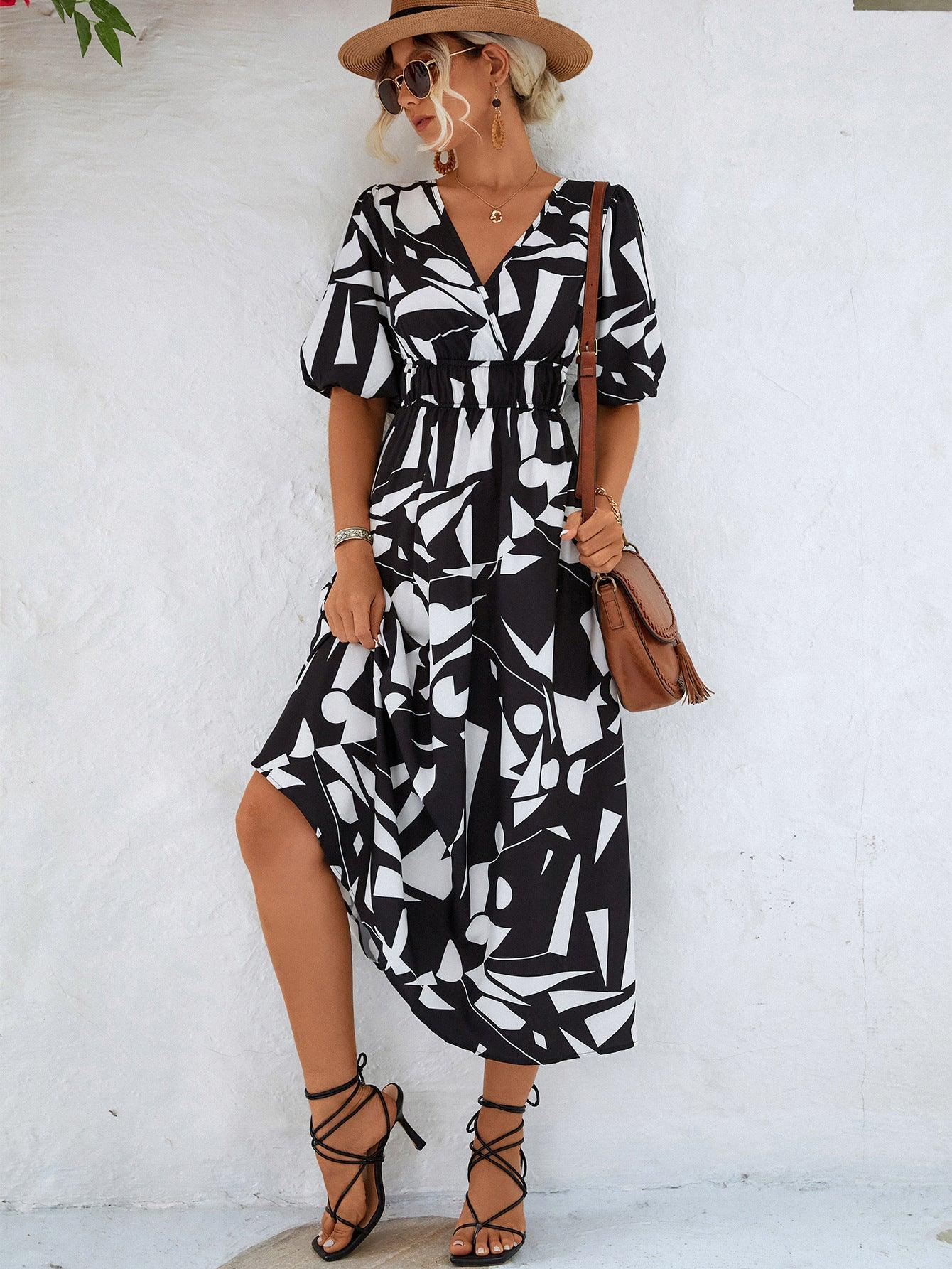 Printed Balloon Sleeve Dress - Olive Ave