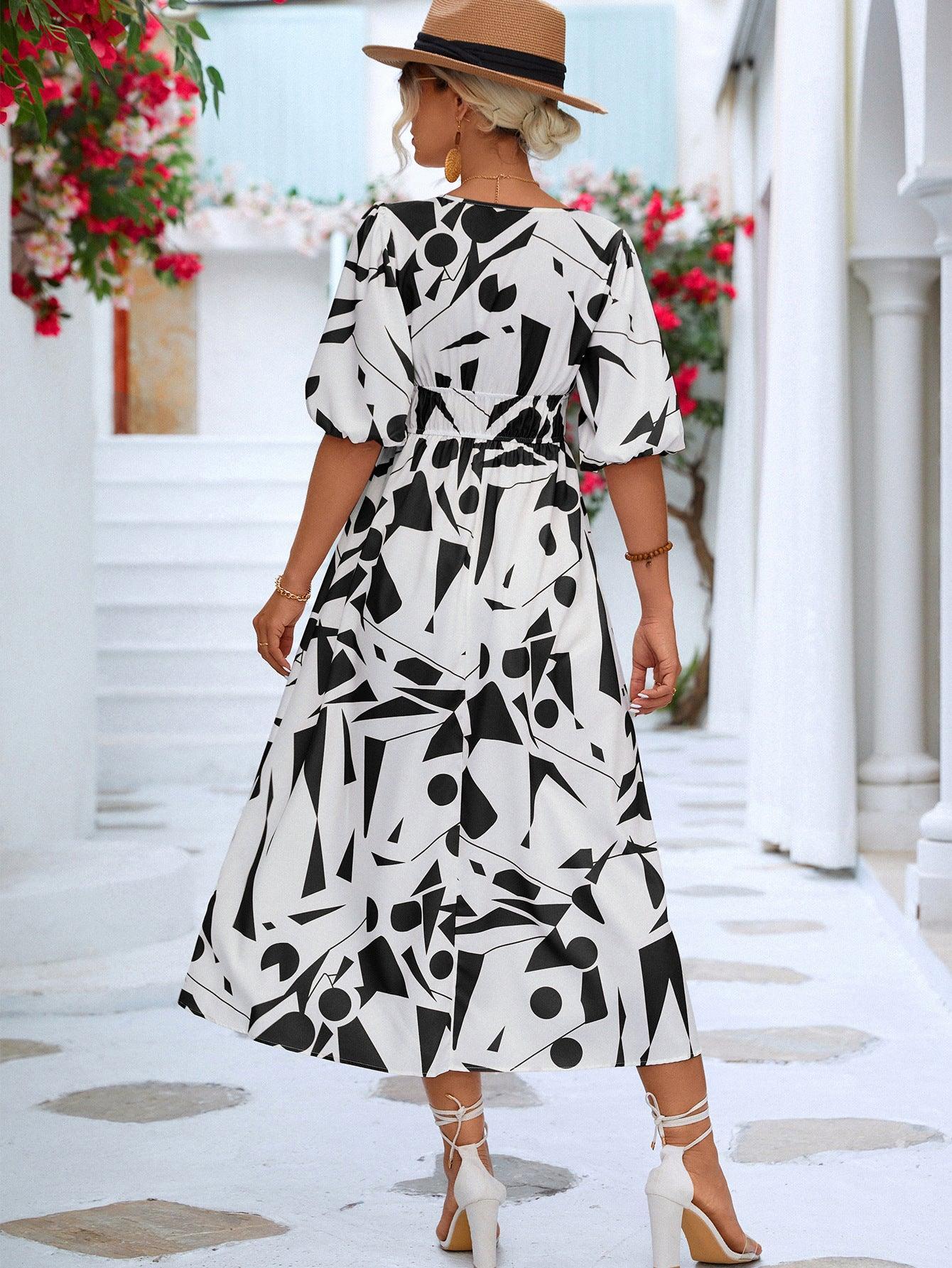 Printed Balloon Sleeve Dress - Olive Ave