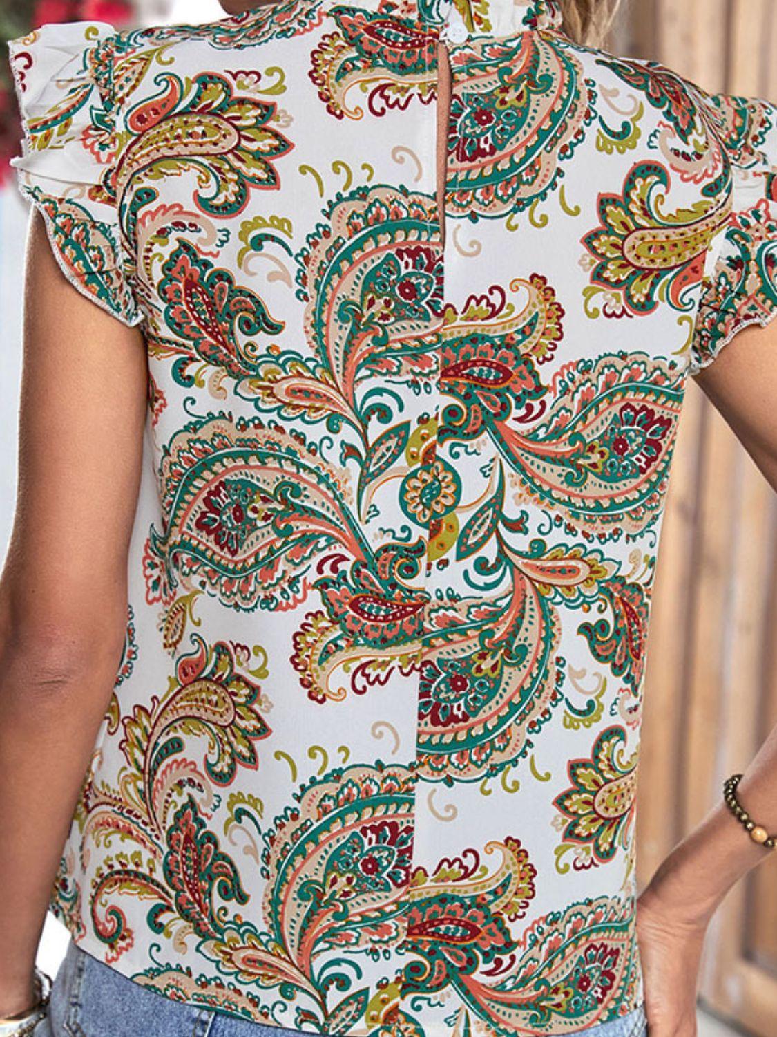 Printed Butterfly Sleeve Blouse - Olive Ave