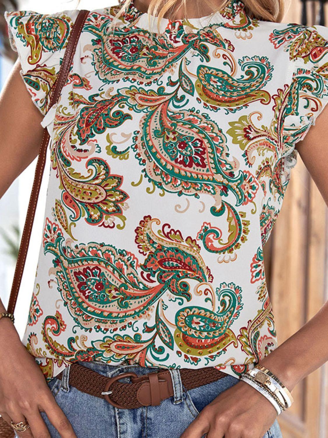 Printed Butterfly Sleeve Blouse - Olive Ave