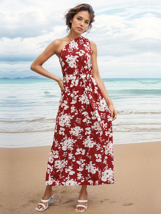 Printed Single Shoulder Sleeveless Dress - Olive Ave
