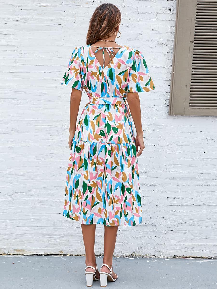 Printed Tie-Waist Flutter Sleeve Dress - Olive Ave