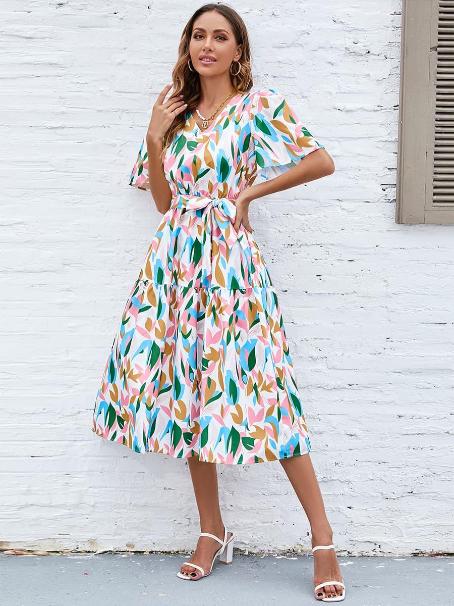 Printed Tie-Waist Flutter Sleeve Dress - Olive Ave
