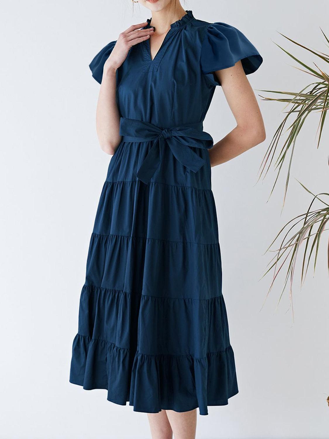 Ruched Tiered Notched Short Sleeve Dress - Olive Ave