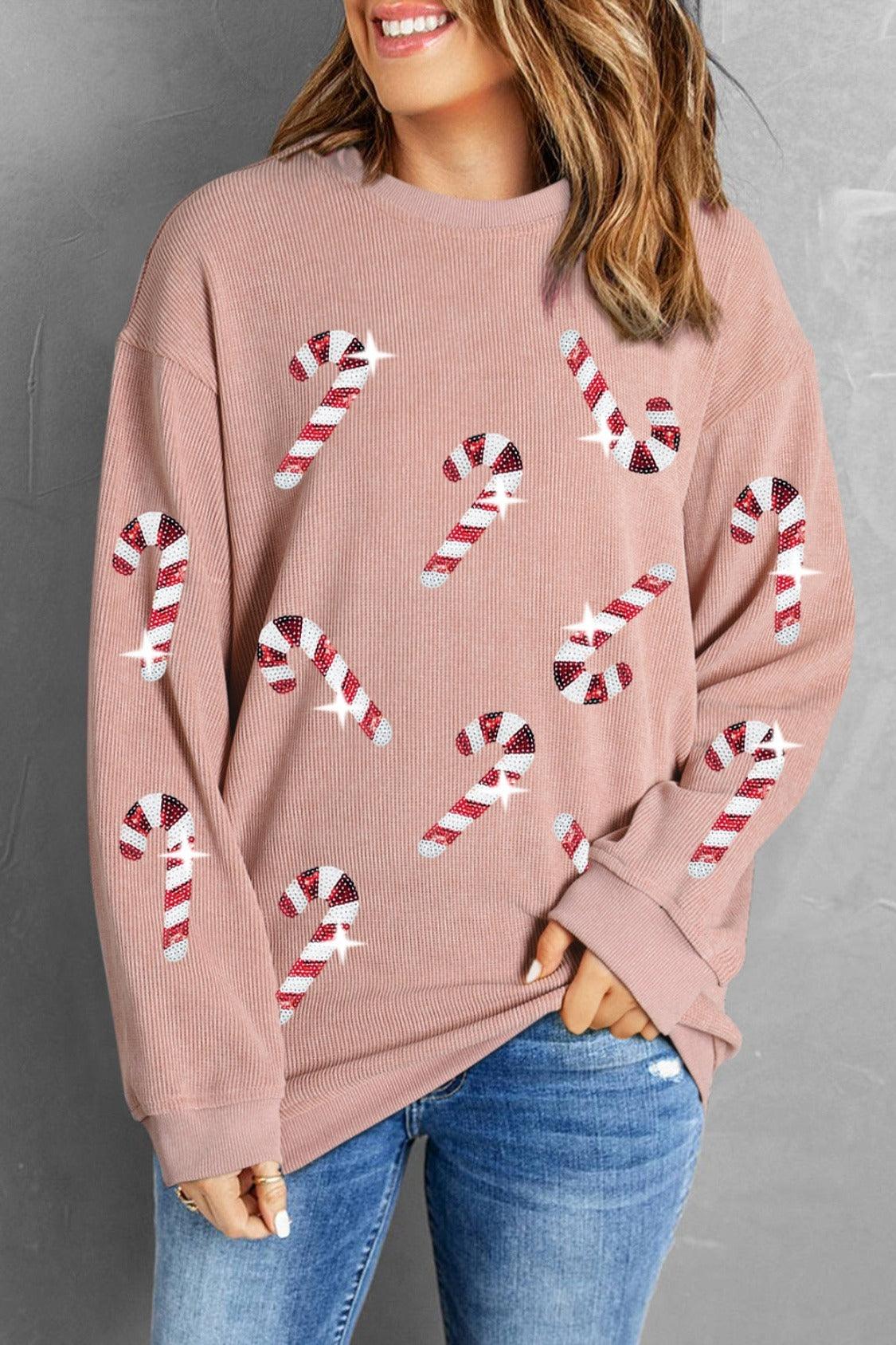 Sequin Candy Cane Sweatshirt in 4 Colors - Olive Ave