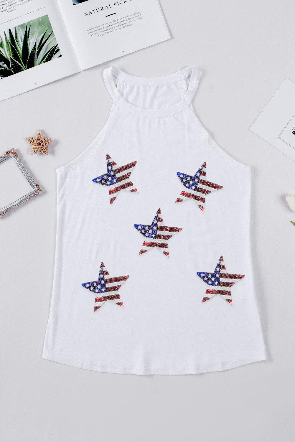 Sequin US Flag Star Grecian Neck Tank - Olive Ave