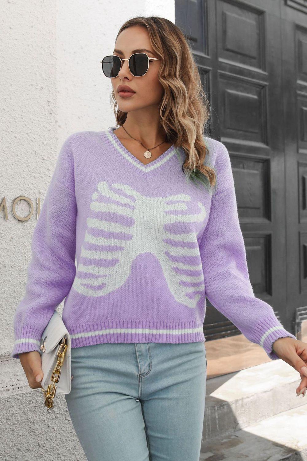 Skeleton Pattern V-Neck Pullover - Olive Ave