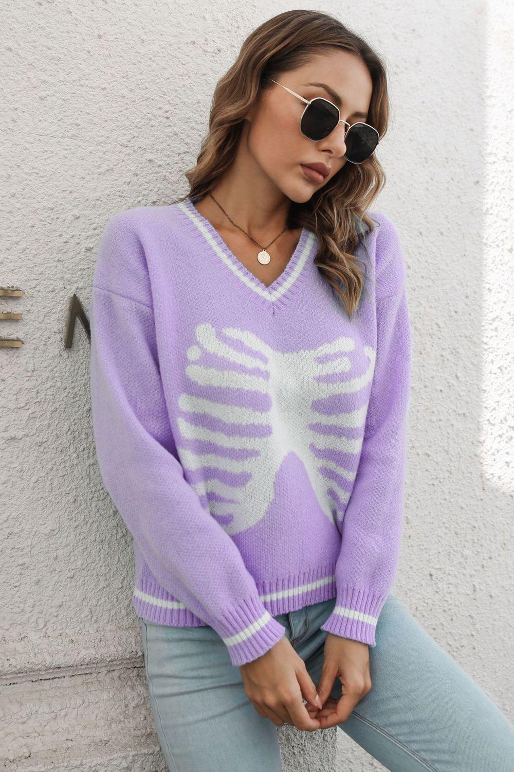 Skeleton Pattern V-Neck Pullover - Olive Ave
