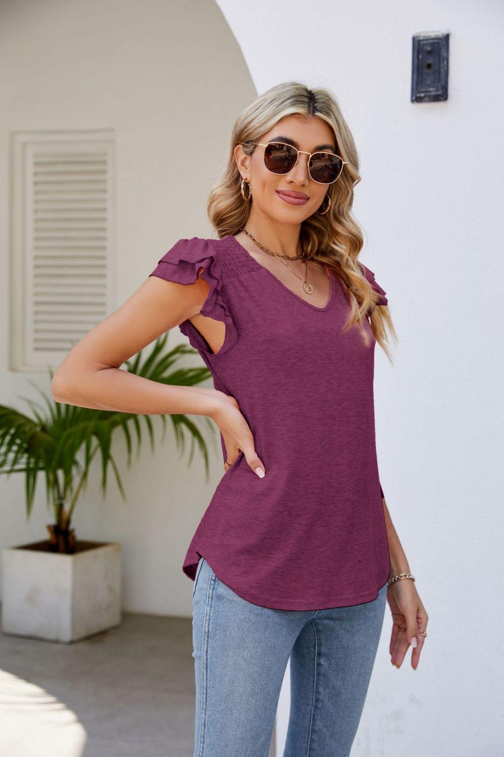 Smocked Flutter Sleeve V-Neck Top in 6 Colors - Olive Ave