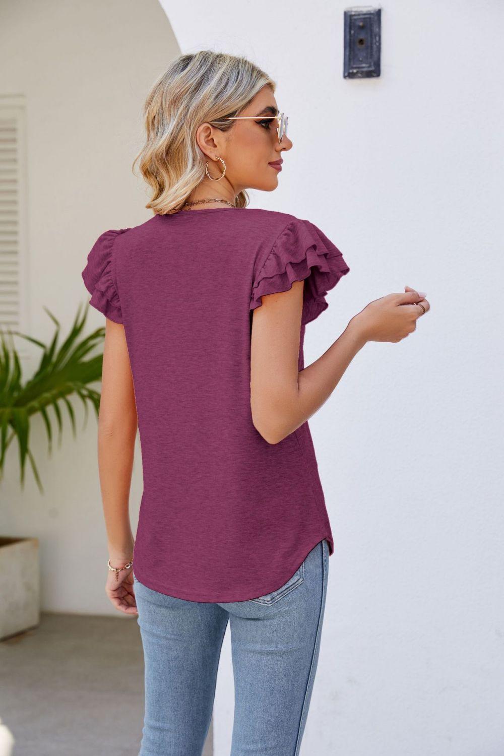 Smocked Flutter Sleeve V-Neck Top in 6 Colors - Olive Ave