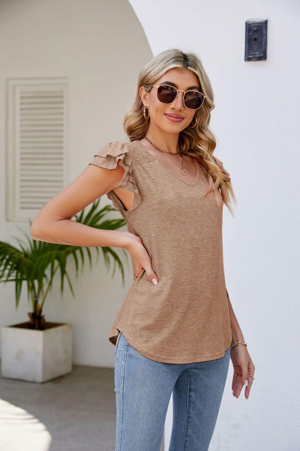 Smocked Flutter Sleeve V-Neck Top in 6 Colors - Olive Ave