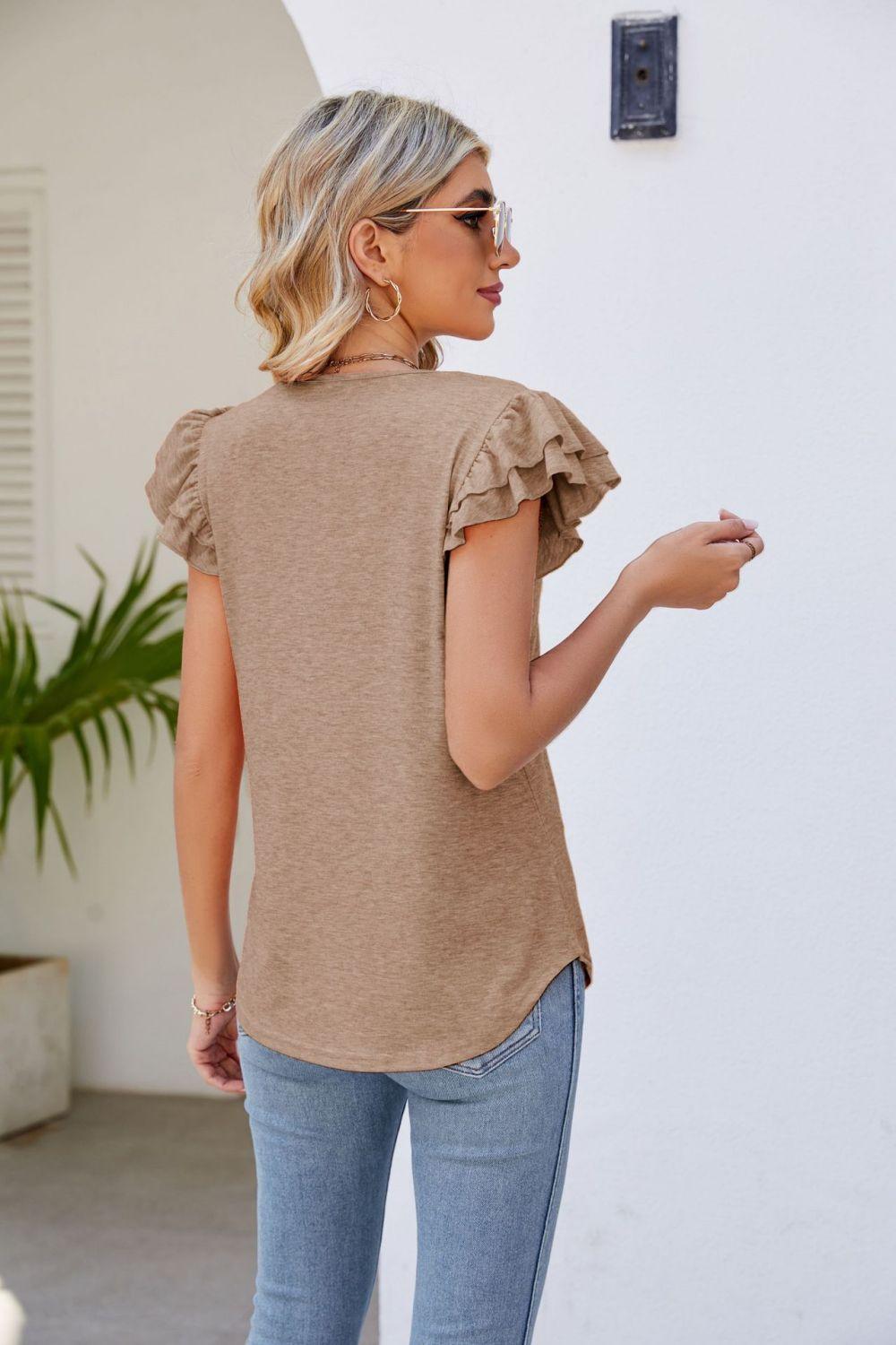 Smocked Flutter Sleeve V-Neck Top in 6 Colors - Olive Ave