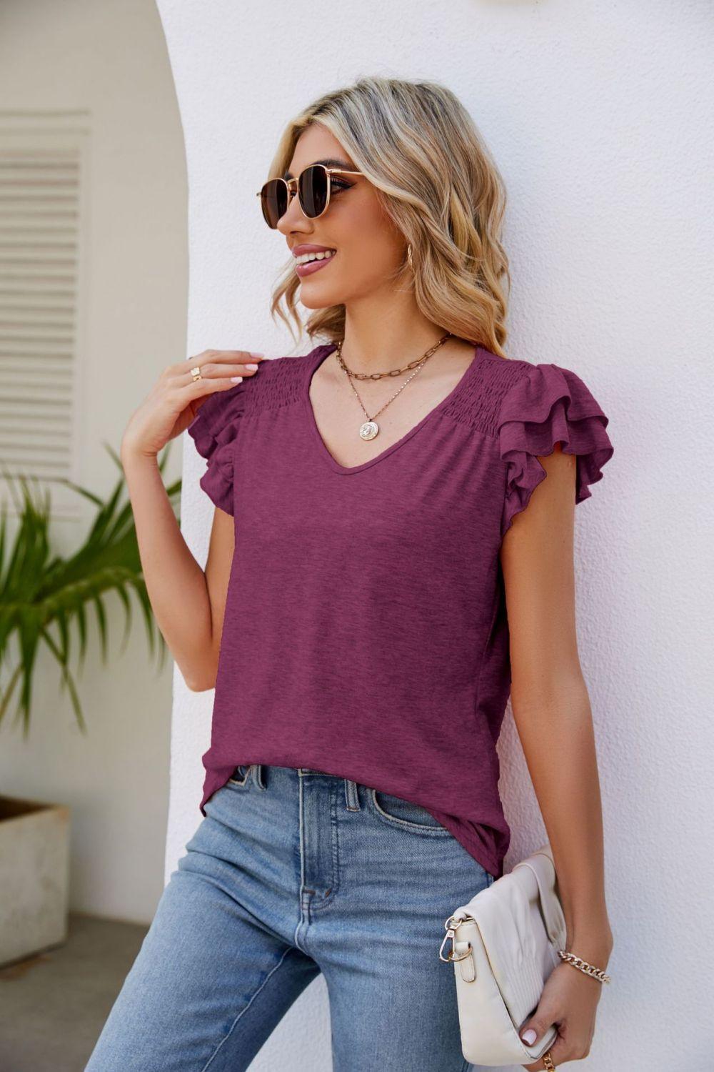 Smocked Flutter Sleeve V-Neck Top in 6 Colors - Olive Ave
