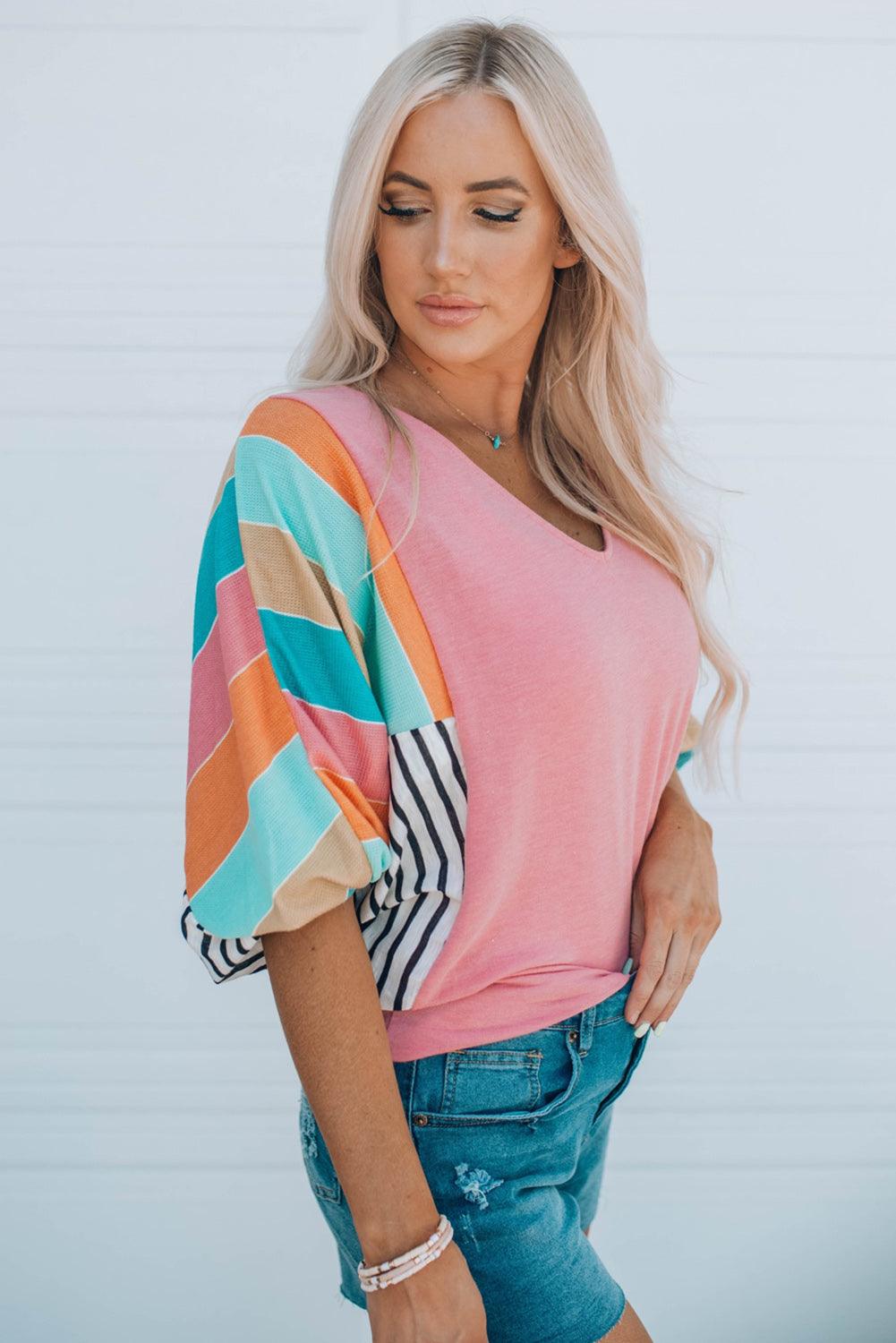 Striped Dolman Sleeve V-Neck Top - Olive Ave