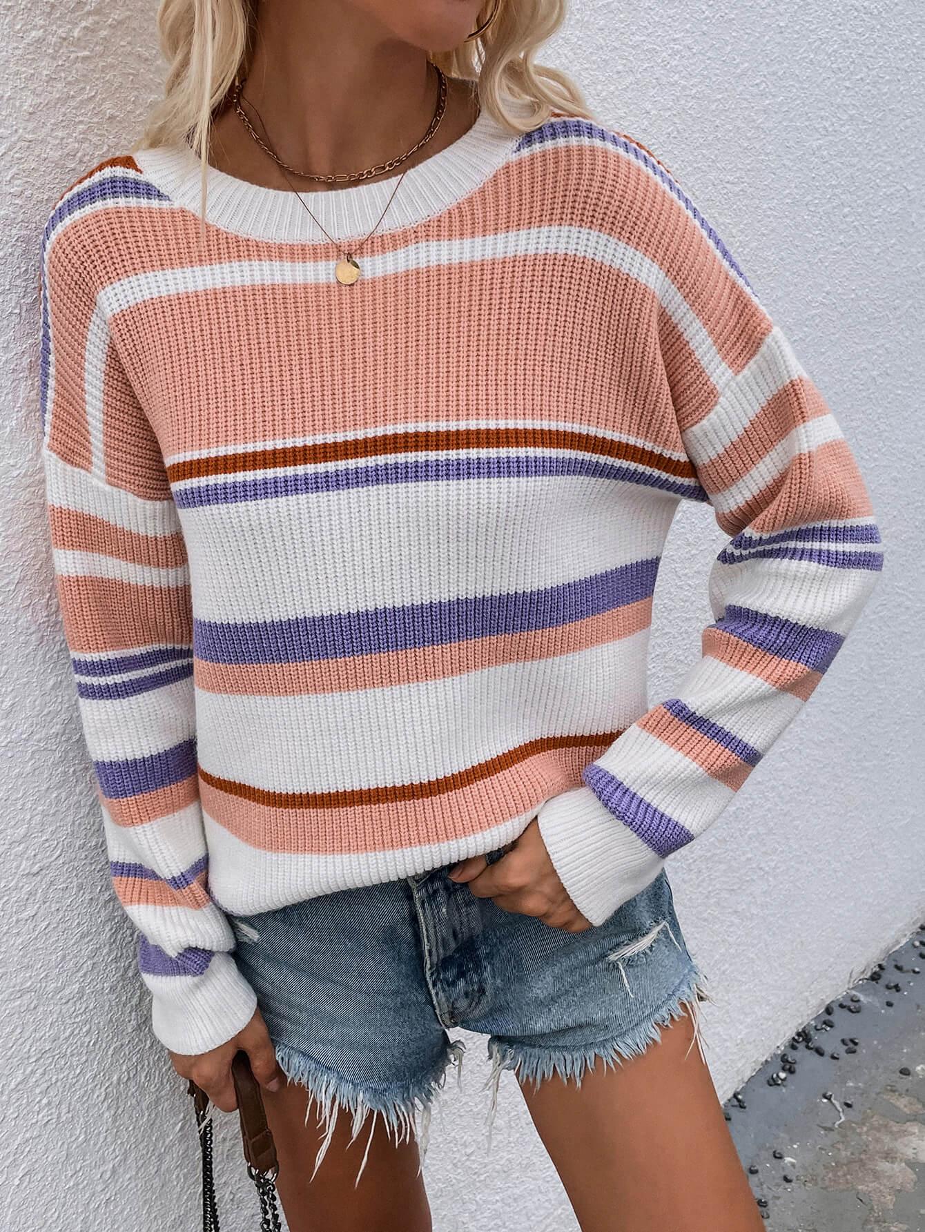 Striped Drop Shoulder Pullover Sweater - Olive Ave