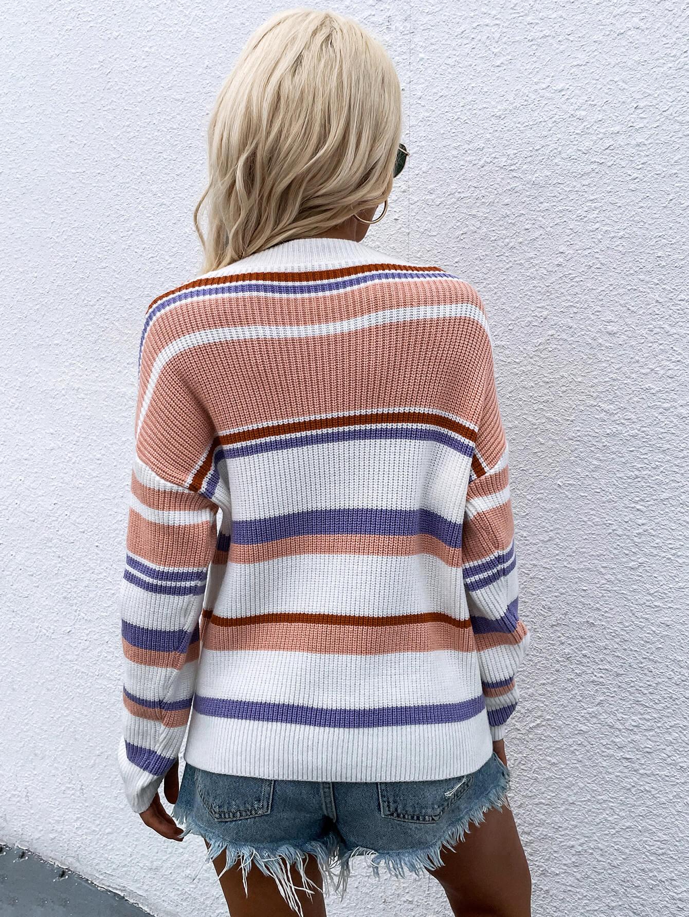 Striped Drop Shoulder Pullover Sweater - Olive Ave