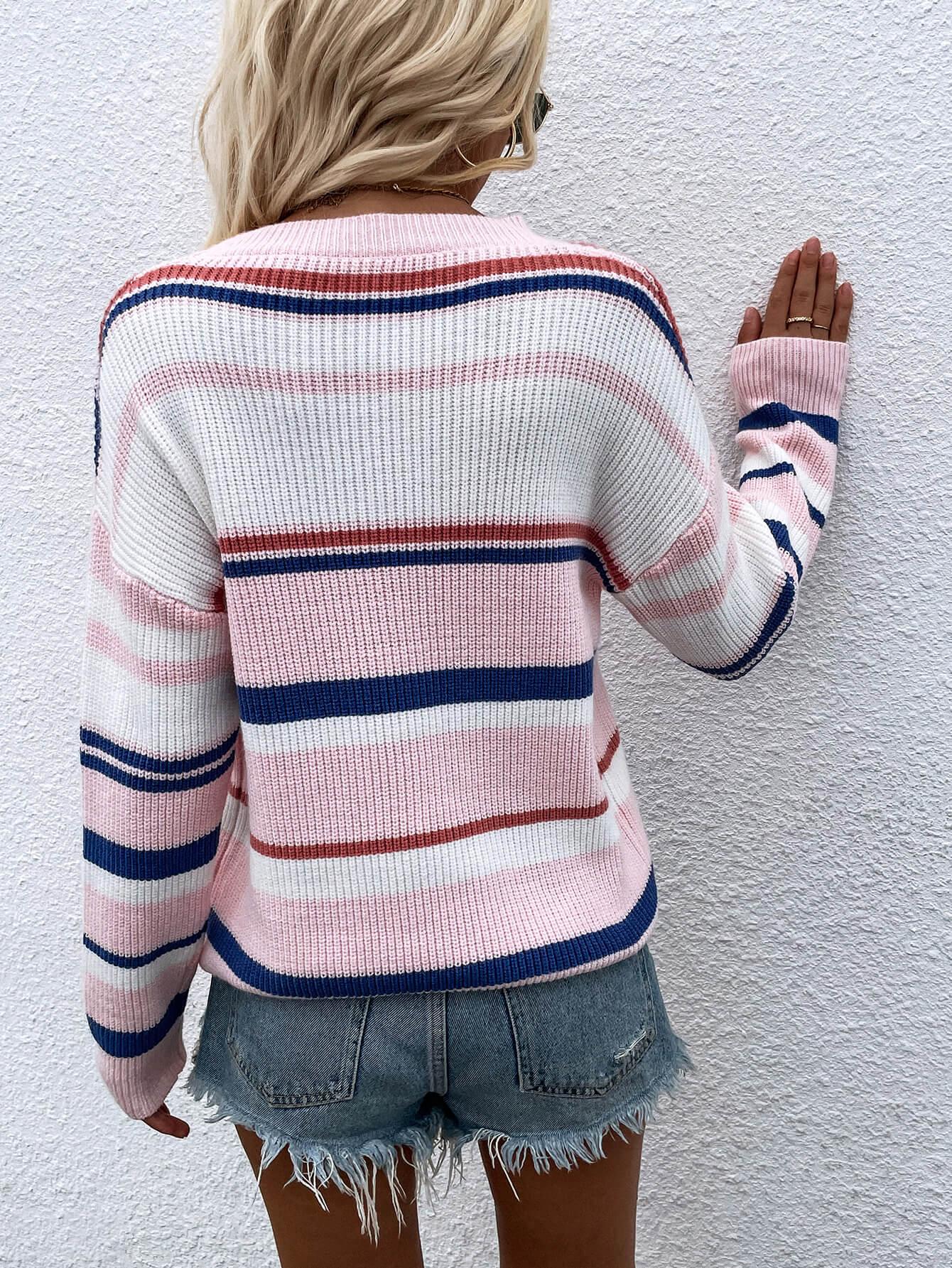 Striped Drop Shoulder Pullover Sweater - Olive Ave