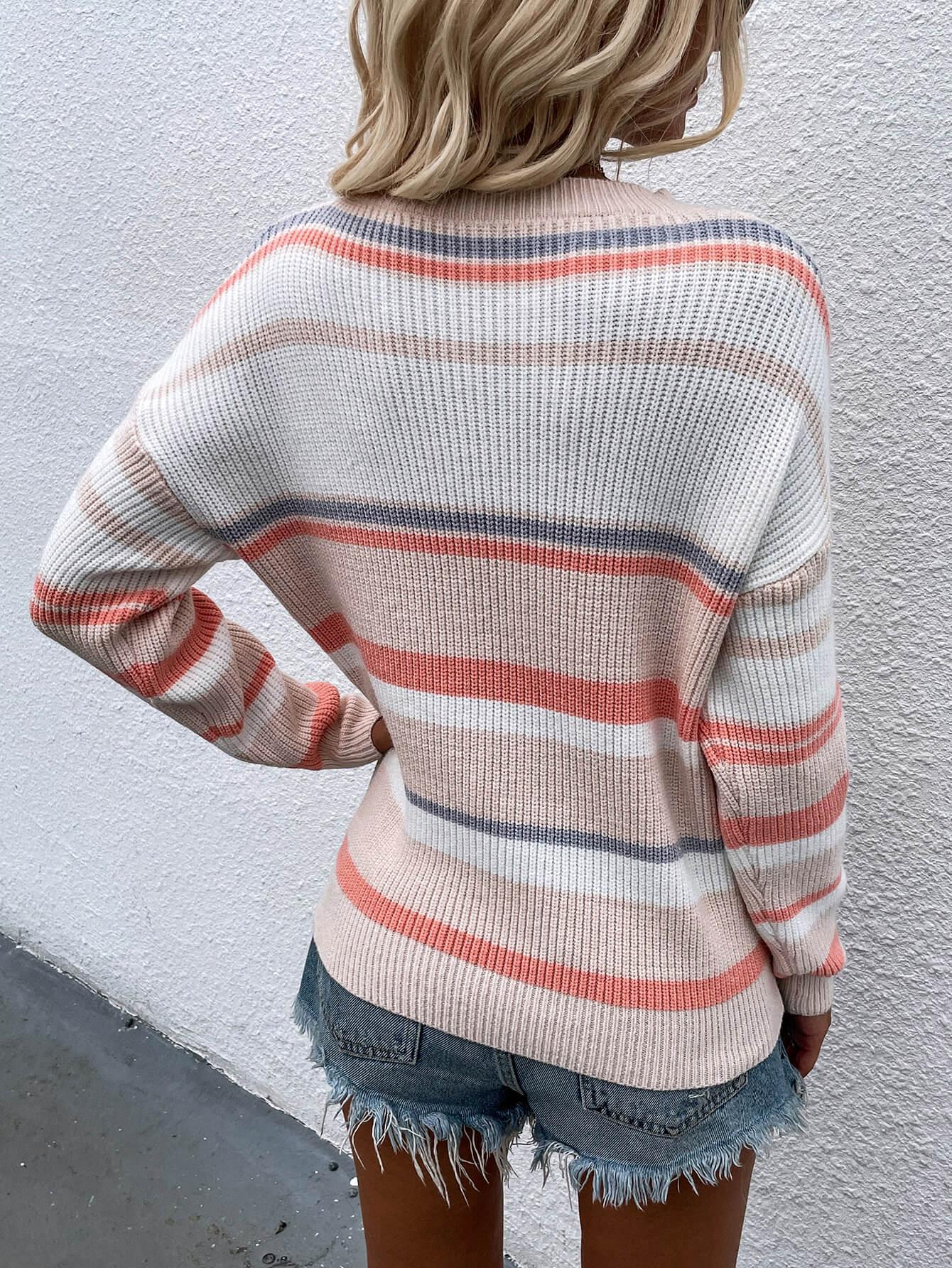 Striped Drop Shoulder Pullover Sweater - Olive Ave