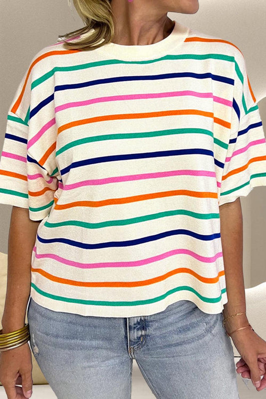Striped Half Sleeve Knit Top - Olive Ave