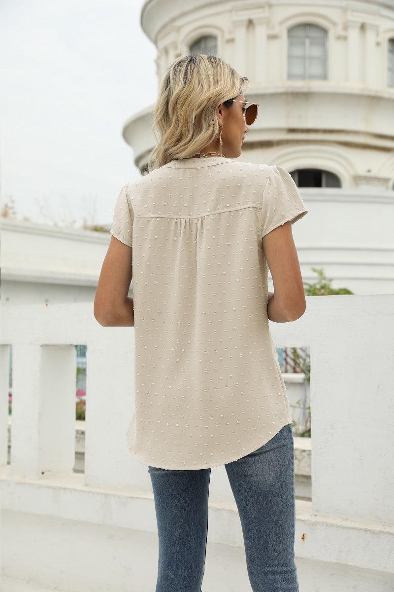 Swiss Dot Notched Neck Short Sleeve Top - Olive Ave