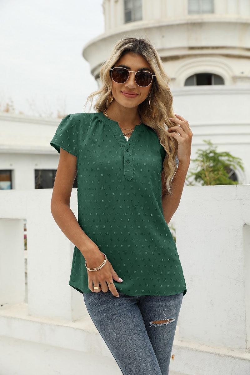 Swiss Dot Notched Neck Short Sleeve Top - Olive Ave
