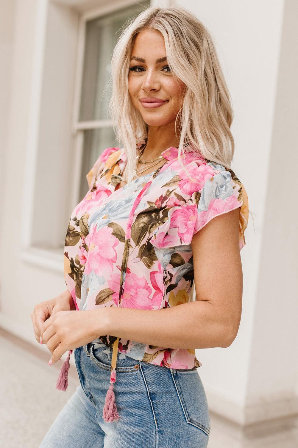Tied Flutter Sleeve Blouse - Olive Ave