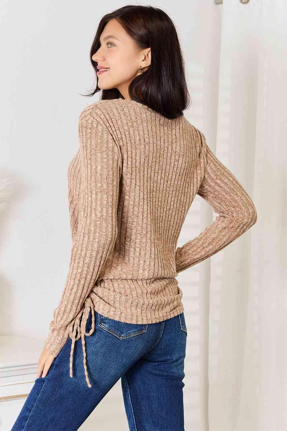 Full Size Drawstring Ribbed Long Sleeve Top - Olive Ave