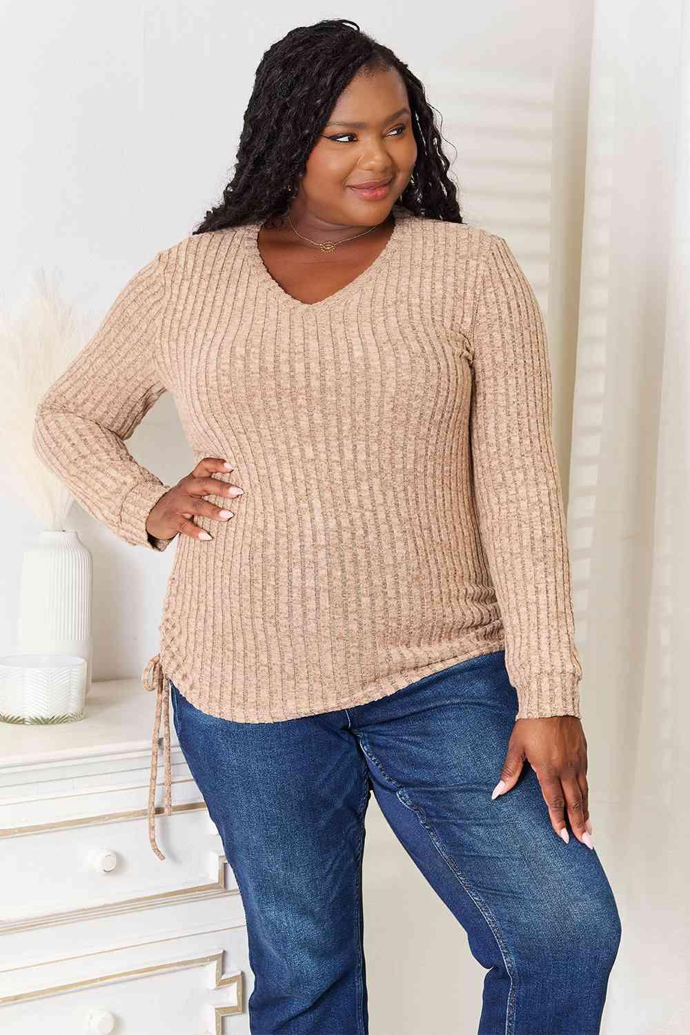 Full Size Drawstring Ribbed Long Sleeve Top - Olive Ave
