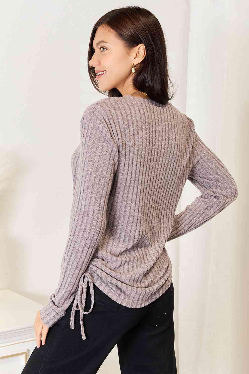 Full Size Drawstring Ribbed Long Sleeve Top - Olive Ave