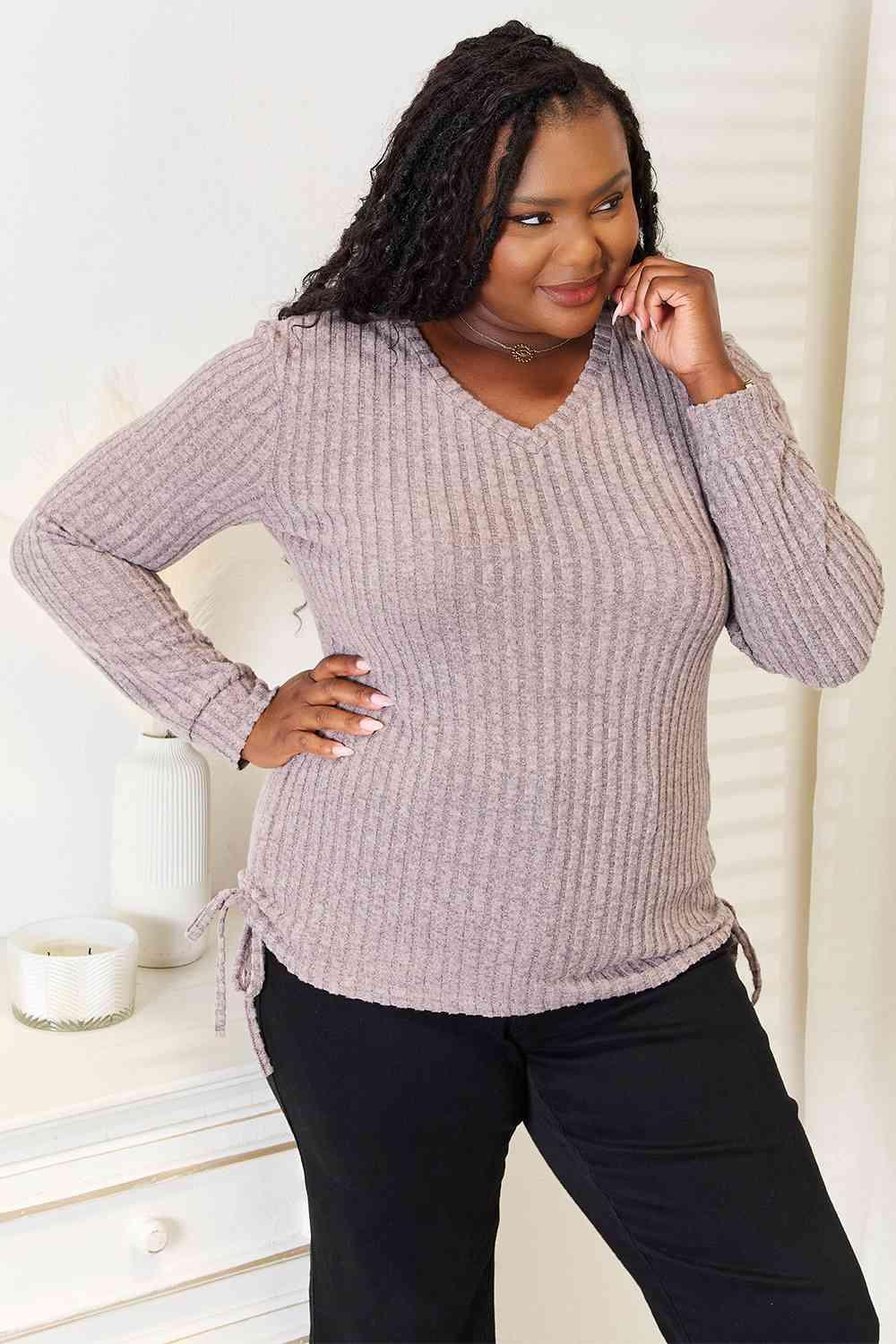 Full Size Drawstring Ribbed Long Sleeve Top - Olive Ave