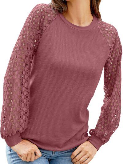 Full Size Eyelet Long Sleeve Top - Olive Ave