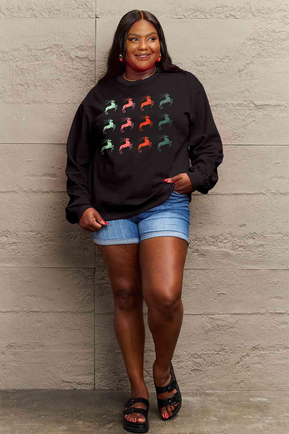 Full Size Reindeer Graphic Sweatshirt - Olive Ave