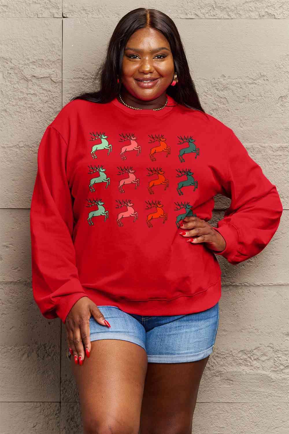 Full Size Reindeer Graphic Sweatshirt - Olive Ave