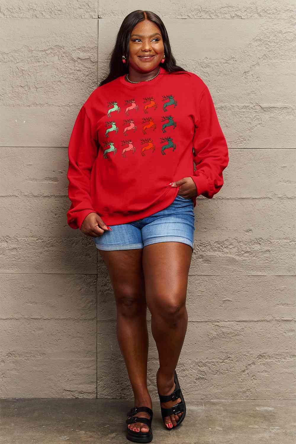 Full Size Reindeer Graphic Sweatshirt - Olive Ave