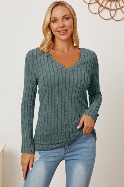 Full Size Ribbed V-Neck Long Sleeve Top in 5 Colors - Olive Ave
