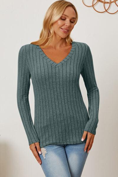 Full Size Ribbed V-Neck Long Sleeve Top in 5 Colors - Olive Ave