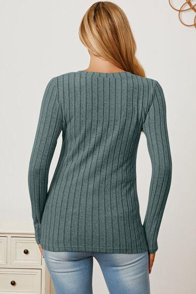 Full Size Ribbed V-Neck Long Sleeve Top in 5 Colors - Olive Ave